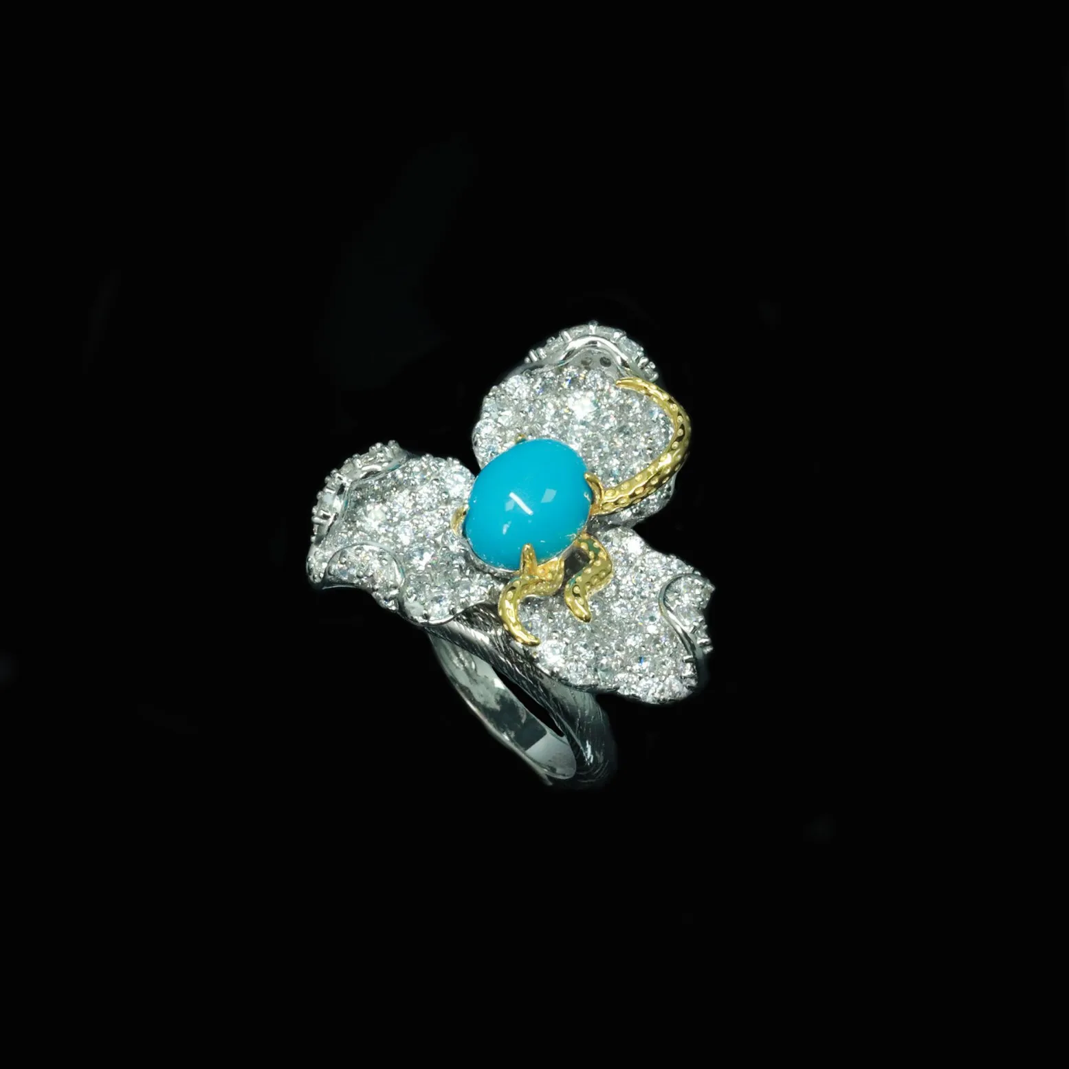 925 Sterling Silver Flower Turquoise Statement Ring 2.2ct  Artificial Oval Gemstone Fine Jewelry for Women's Vacation Party Wear