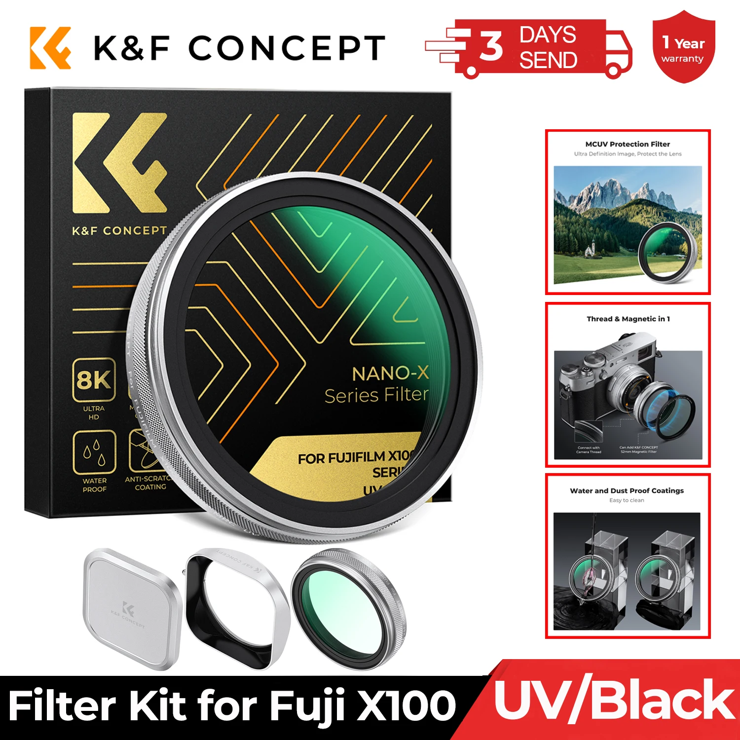 

K&F Concept MCUV Black Mist 1/4 Filter Kit with Metal Square Lens Hood and Magnetic Len Cap for Fujifilm X100 Camera X100S X100F