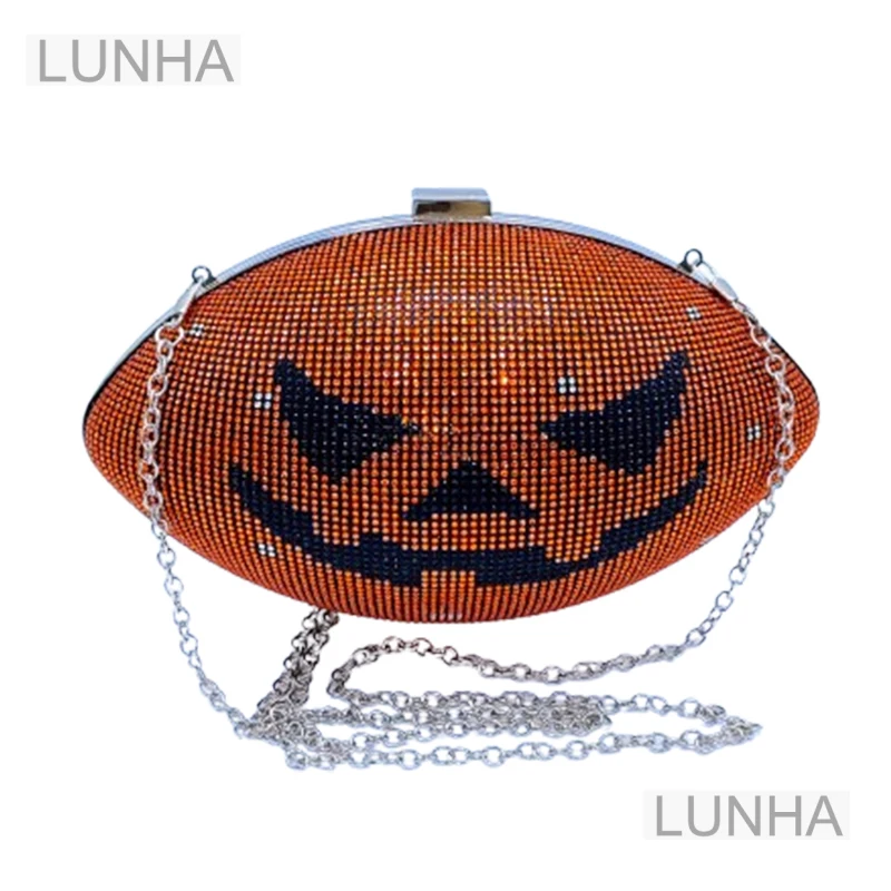 

Lady's Glamorous Rhinestone Box Clutch Bag Oval Rugby Shaped Party Cosmetics Handbag Shoulder Chain Purse