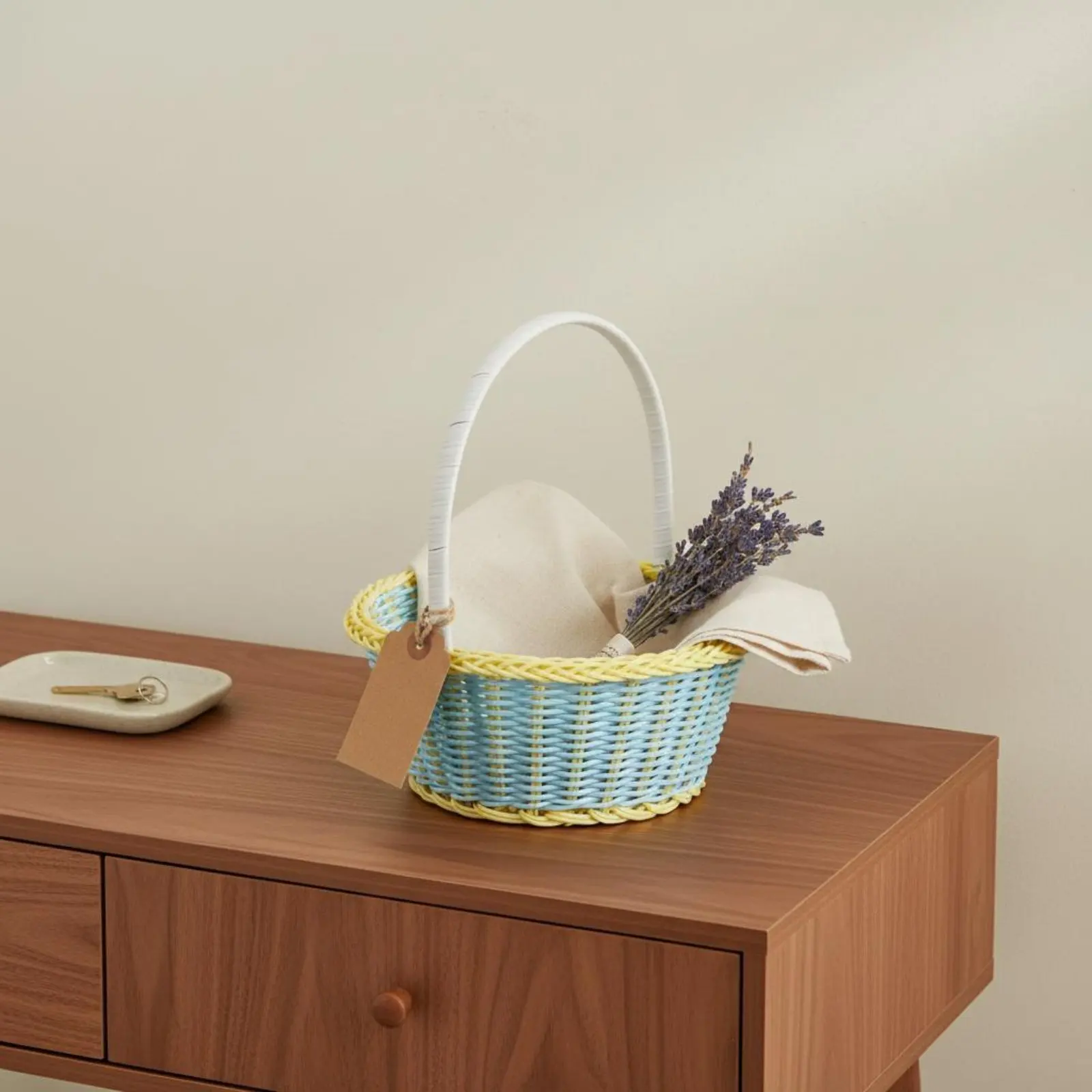 

Plastic Weave Basket with Handle Wicker Design Basket Household Storage Lightweight Organizing Bin Sturdy for Gift, Picnic
