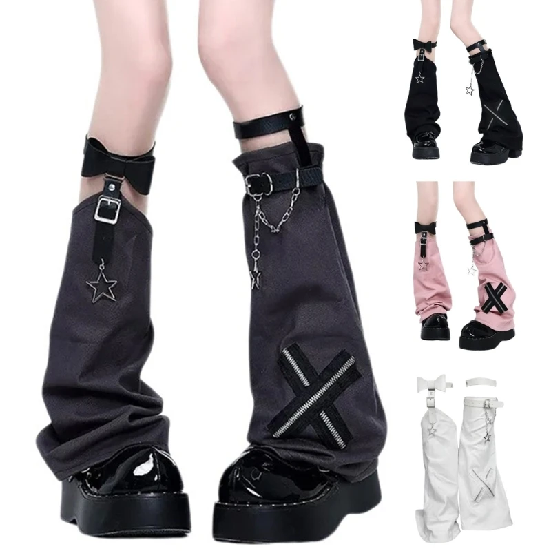 

Women Harajuku Vintage Crosses Stitched Flared Leg Warmer Aesthetic Punk Leather Buckled Garters Chain Leg Cover Socks