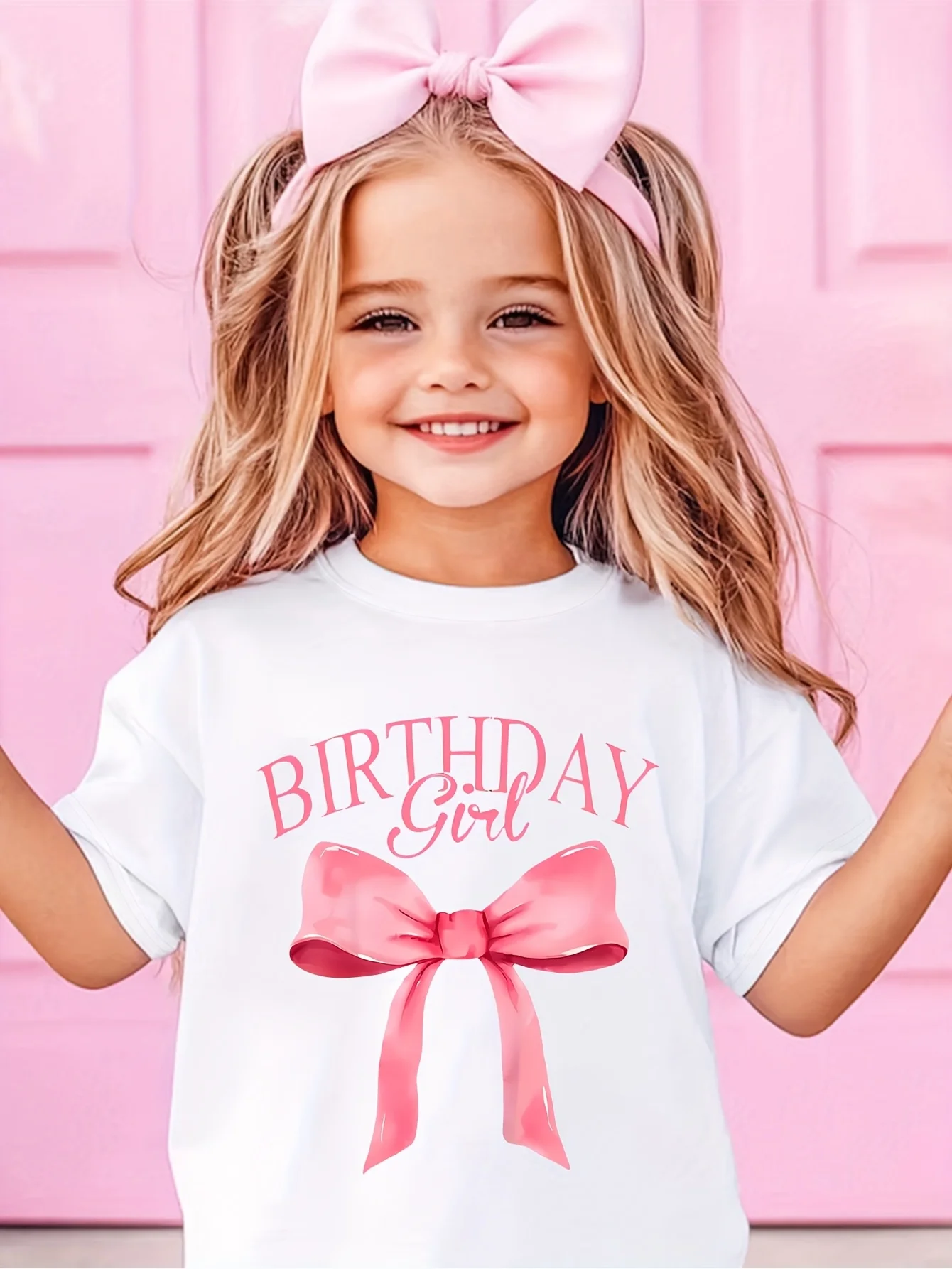 

Girl's Birthday Bow-Print T-shirt - White w/ Pink Letters, Stretch Knit Crew Neck Short-sleeve, Spring/Summer Birthday