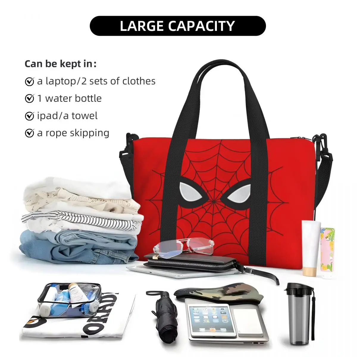 Sacola de teia vermelha aranha personalizada para mulheres, grande capacidade, desenhos animados, ginásio, praia, bolsas de viagem