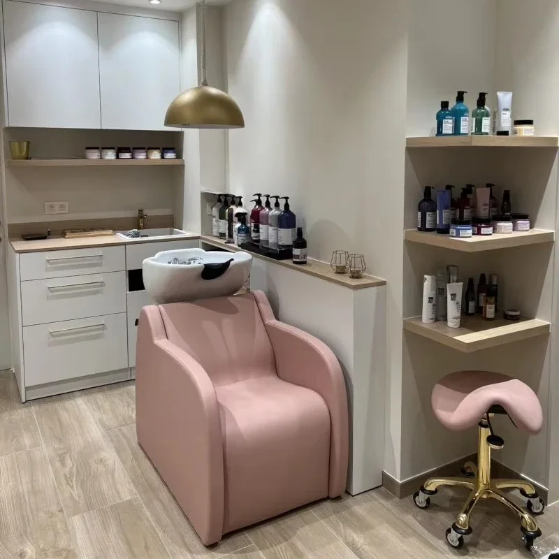 2026 Pink Hair Washing Chair Shampoo Bed Salon Sink Shampoo Bowl Chair Beauty Lounge Hair Washing Bed and Stool Set