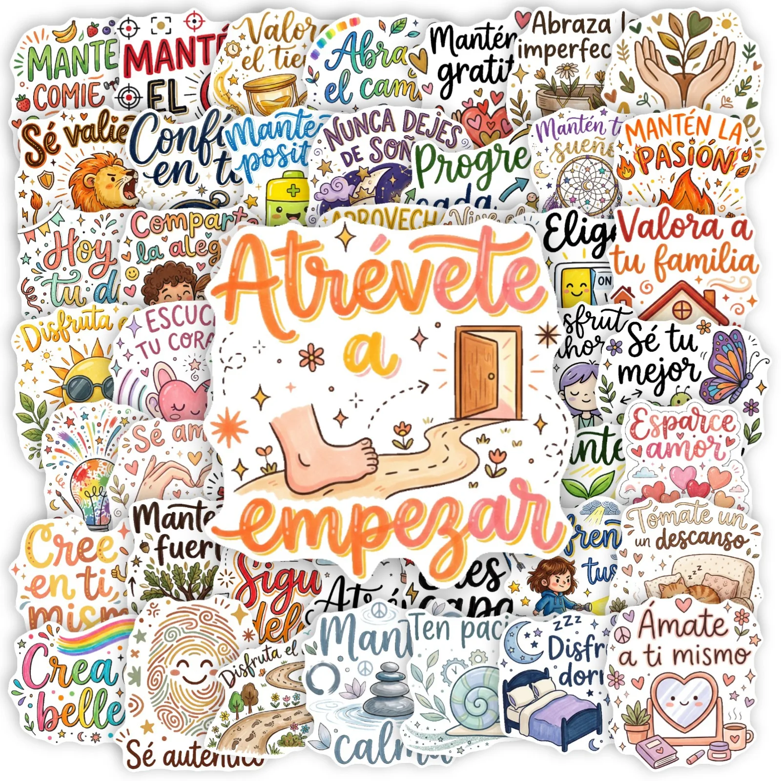 50PCS Cartoon Hand Drawn Colorful Spanish Inspirational Quote Stickers Pack Decorate Luggage Scrapbook Laptop Non Repeated Decal