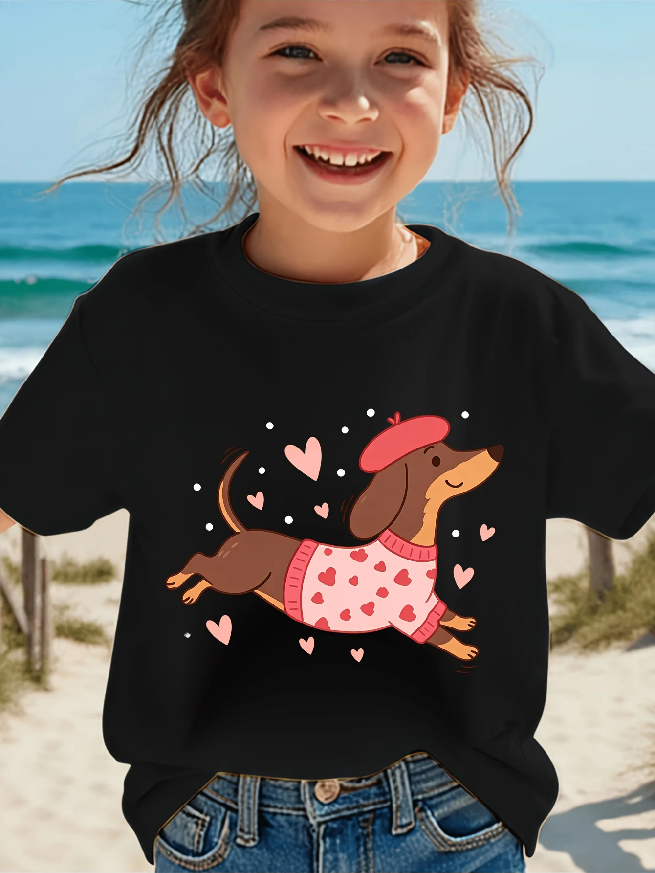 Cute Heart Sweater Dachshund Cartoon Graphic Family Matching T Shirt Boys Girls Short Sleeve Tees Parent Kid Same Summer Tops