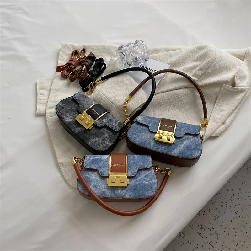

2025 Light Luxury Niche Retro Western Denim Crossbody - Color-Block Patchwork Adjustable Mini Square Shoulder Purse