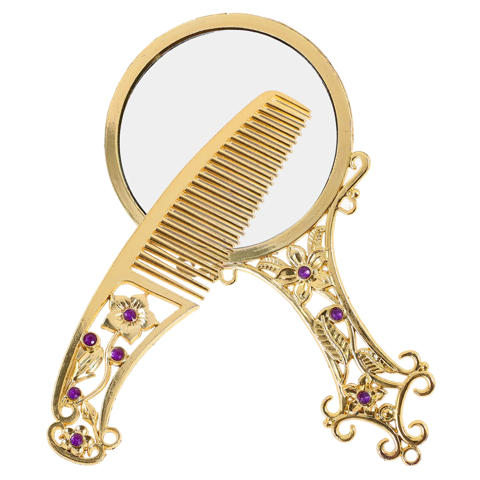 1Set Portable Handheld Mirror Comb Set Foldable Mirror Compact Travel Friendly Lightweight Alloy Retro Style Clear