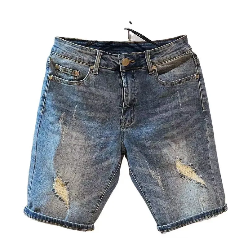 Summer Trendy Brand Men's Denim 5/5 Shorts Korean Edition Ins Style Fashion Straight Tube Piercing Middle Pants