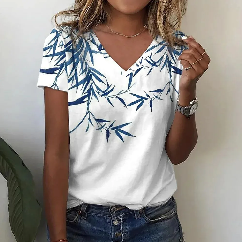 Mulheres plantas e flores camiseta de manga curta estampada 3D com decote v, roupa de rua, moda casual, verão