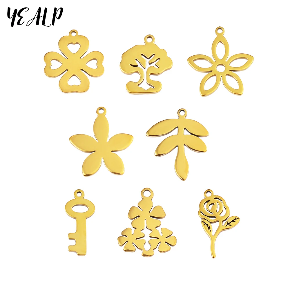 8Pcs Stainless Steel 18K Gold Plated Key Rose Findings DIY Charms Earrings Necklace Jewelry Making Accessories Wholesale