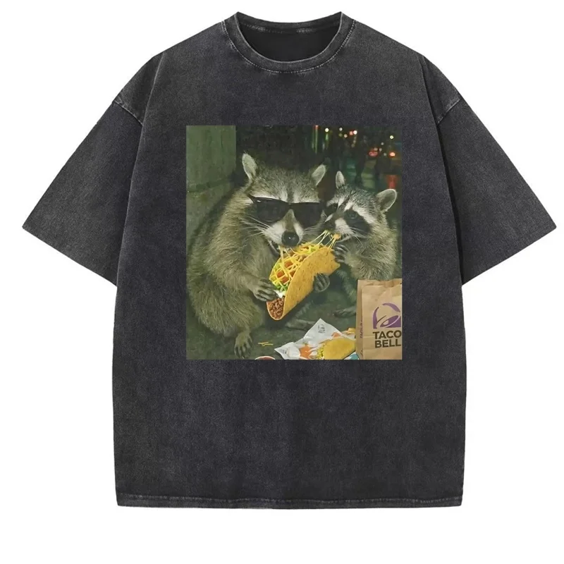 Raccoon Eating Tacos Tshirt Men Women Casual Cotton Short Sleeve Silly T-Shirt Vintage Washed Tee Comfort Graphic Tee Oversized