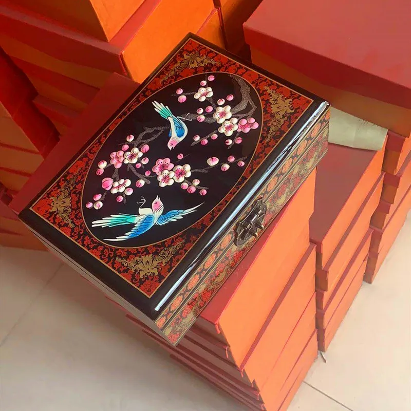 Caja de joyería de estilo vintage para novias, con diseño de laca pintada a mano, estuche de madera para guardar objetos, organizador creativo para regalos.