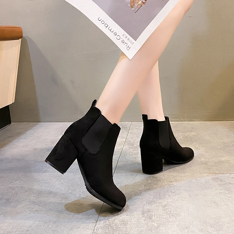 Botas Mujer 2023 Winter New Round Toe Flock Chelsea Boots Women Thick Heel Slip-On Retro Ankle Boots Women\'s Shoes Rubber Basic