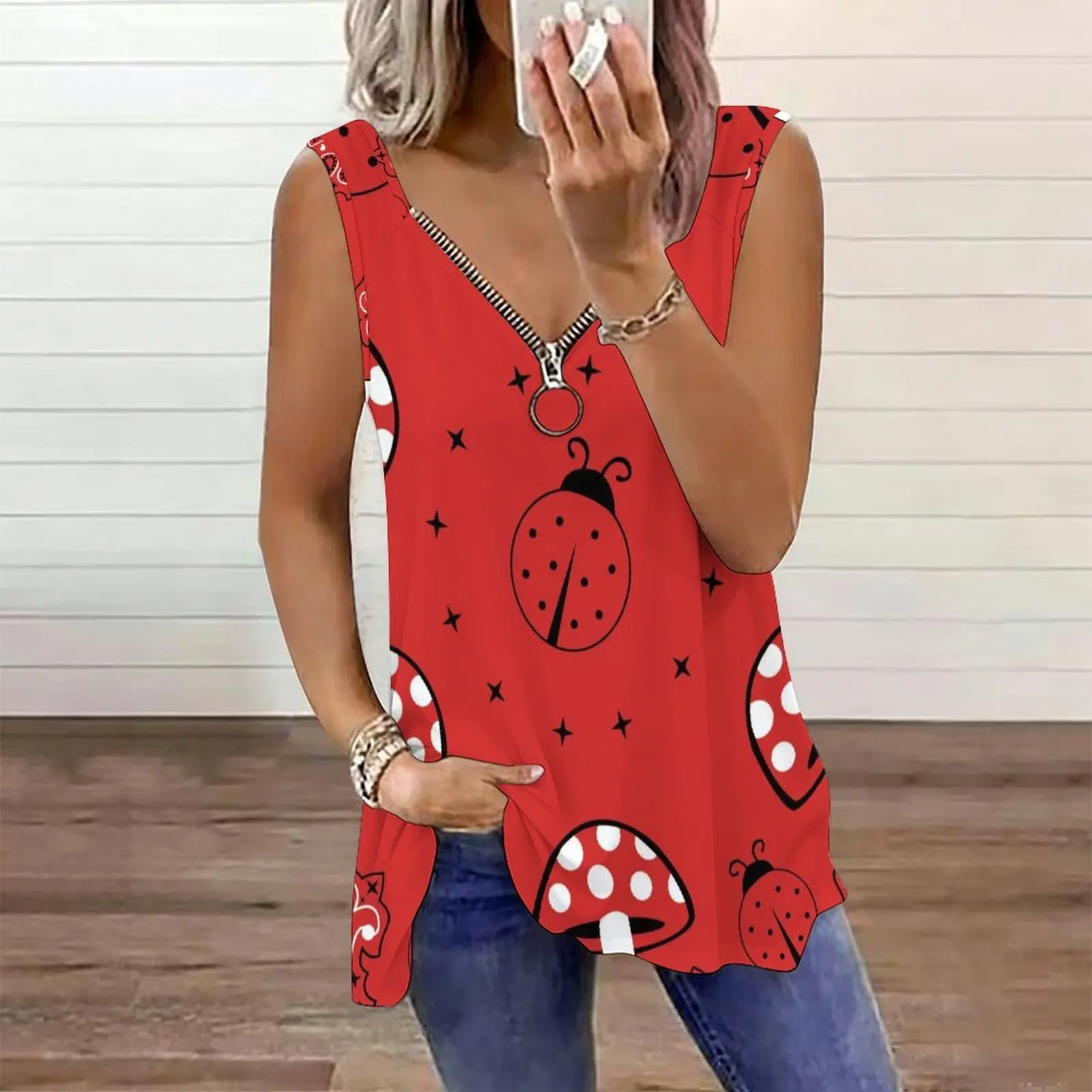 Women Print Tank Top Zip V Neck Sleeveless Tunic Shirt Irregular Hem Casual Summer Vest