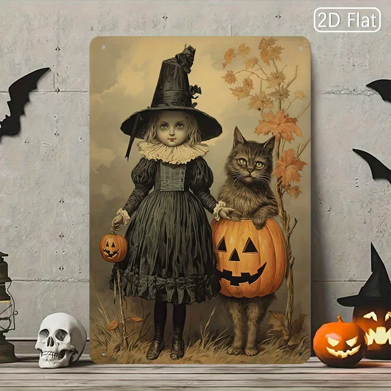 

2D плоская жестяная табличка с изображением девочки и кошки, очаровательная декоративная вывеска с девочкой, кошкой и тыквой – прелестное настенное украшение для Хэллоуина