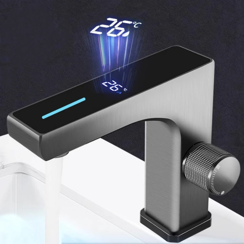 Temperature Digital Display Bathroom Basin Faucet Intelligent LED Deck Mounted Washbasin Hot Cold Water Mixer Sink Tap