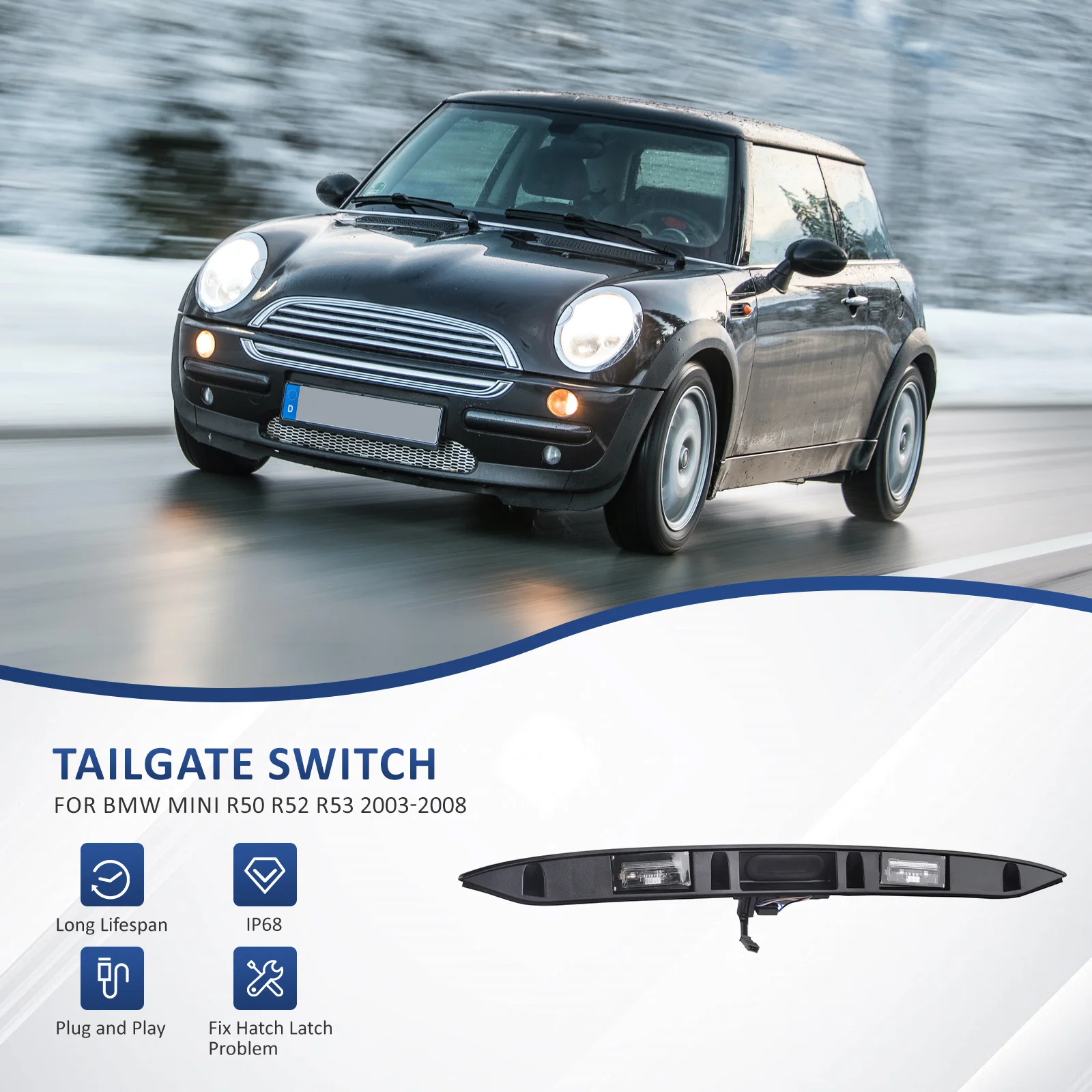 

51137167530 Black For BMW Mini Cooper Cooper S R50 R52 R53 2000-2008 IP68 Rear Hatch Trunk Handle Hatch Grip with Lamp Handle