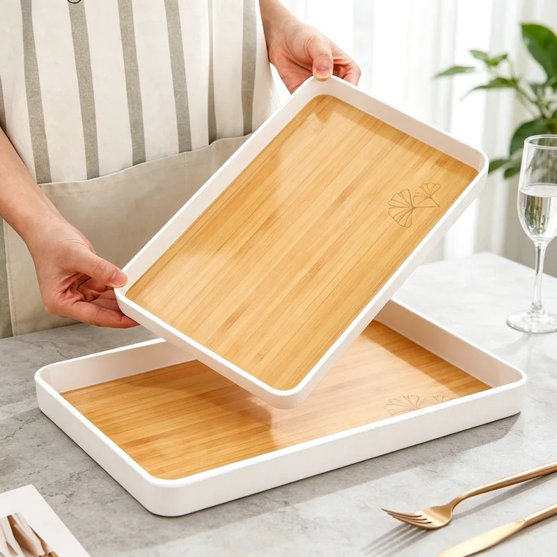 Nordic Imitation Wood Grain Plastic Tray Rectangular Serving Tray for Fruit Tea Cup Home Desktop Storage Decor Plate