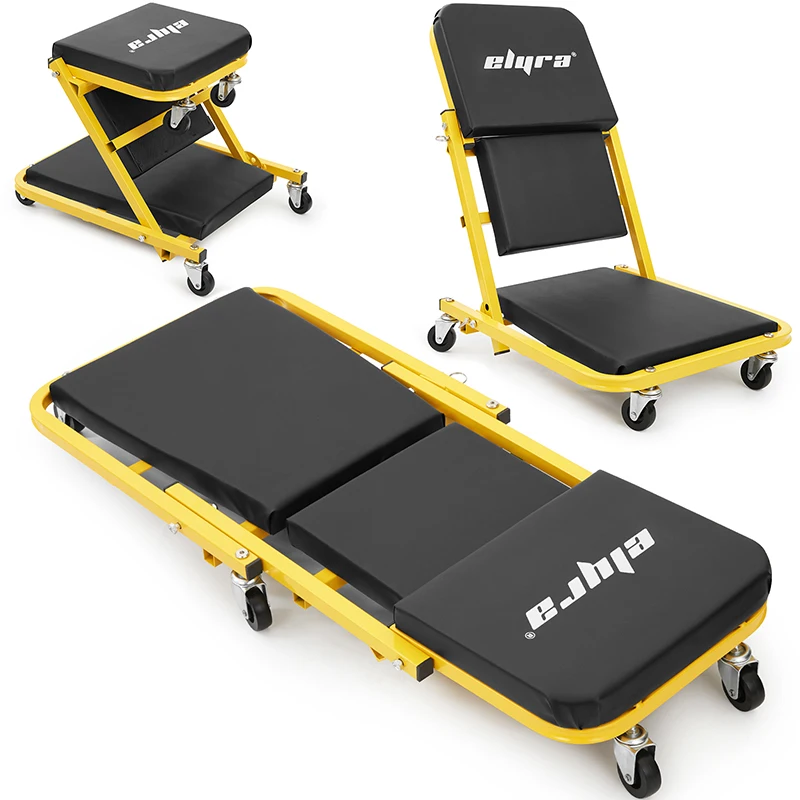 3-fach verstellbarer Rollhocker, Werkstattstuhl mit gepolstertem Sitz und 6 x 360°-Drehfunktion °   Schwenkbare Rollen, geeignet zum Liegen, Sitzen und Anlehnen