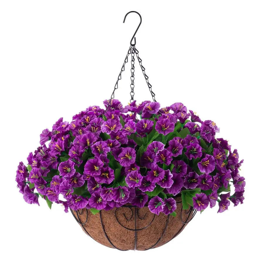 

Hanging Flower Plants with Basket for Spring Summer Outdoor Decoration, Faux Petunias Flowers Fake Morning Glory Planter for Out