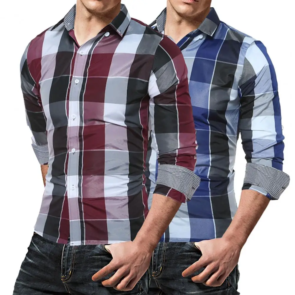 Spring Men\'s Plaid Long-Sleeved Casual Shirt Regular Fit Classic Single Breasted Turn-down Collar Top For Work