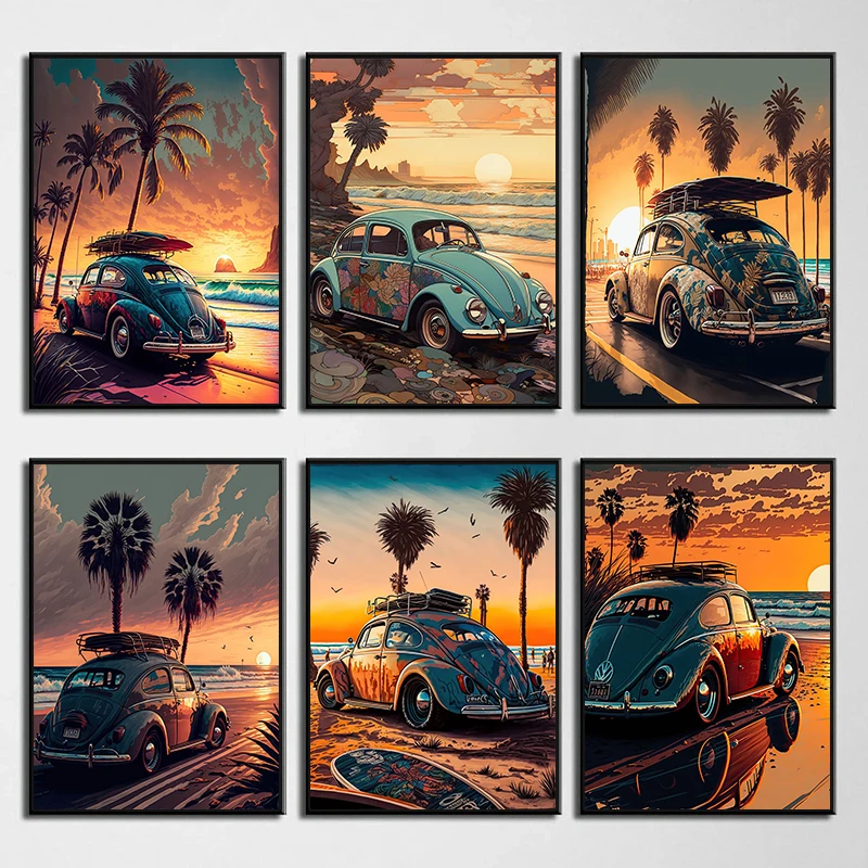 1pc frameless Canvas Painting Beetle Car Coastal Beach Sunrise Landscape Posters and Prints Canvas Painting Wall Art Picture