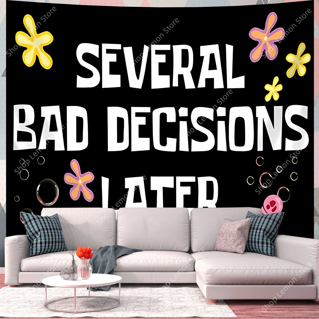 

​ Гобелен Under The Sea SEVERAL BAD DECISIONS LATER с разноцветными цветами, пузырьками и розовой медузой, игривый декор для дома и офиса ​