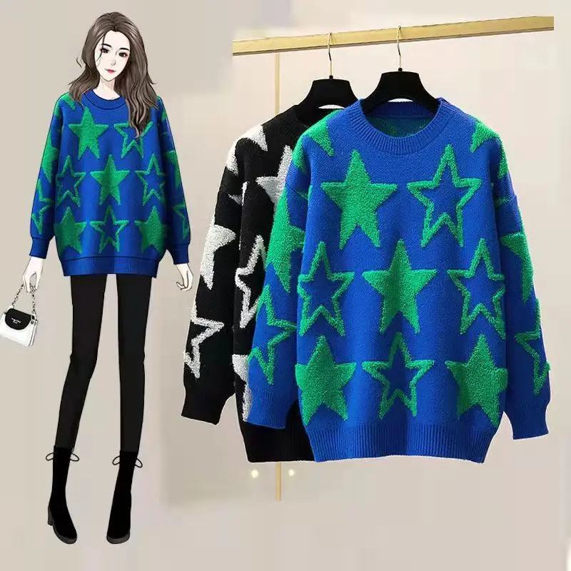 Casual Stars Patchwork Sweaters Women's Clothing Autumn Winter Thick Flocking Stylish Korean Loose All-match Round Neck Jumpers