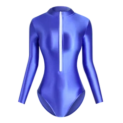 One Piece Front Zipper Swimsuit for Women, High Waisted, Sexy Tight, Glossy,Long Sleeve Swimwear, Monochromatic T-Shirt,Leotard
