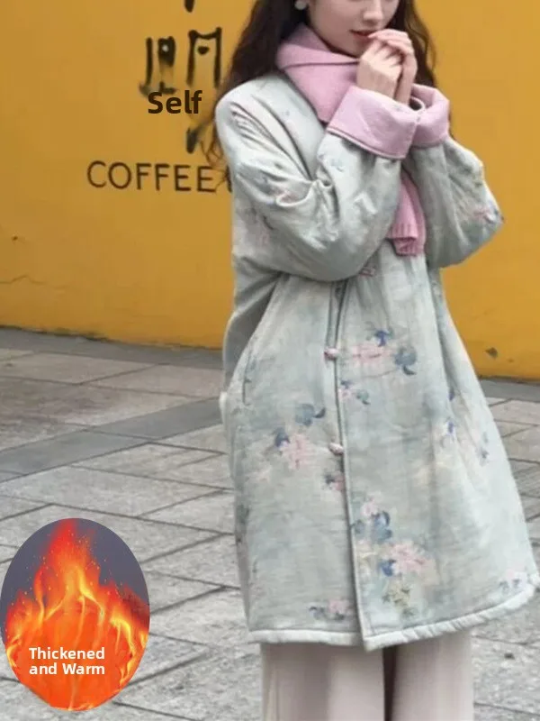 

Новинка 2025, зимнее китайское хлопковое пальто с цветочным принтом, длинное све, теплый халат средней длины для женщин, поездок на работу