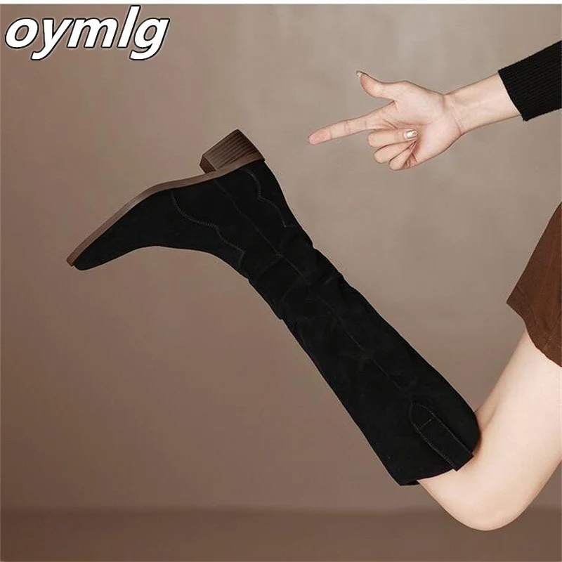 Knight Boots Women's 2023 Coarse Heels Autumn/Winter Western Boots High Sleeve Thin Retro Slim Wrinkle Stacked Boots Long Boots