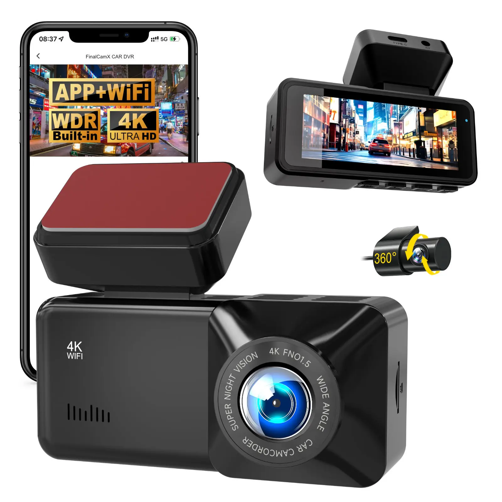 4K Ultra HD WiFi Dashcam Dual Recording Front Rear Camera 3.16