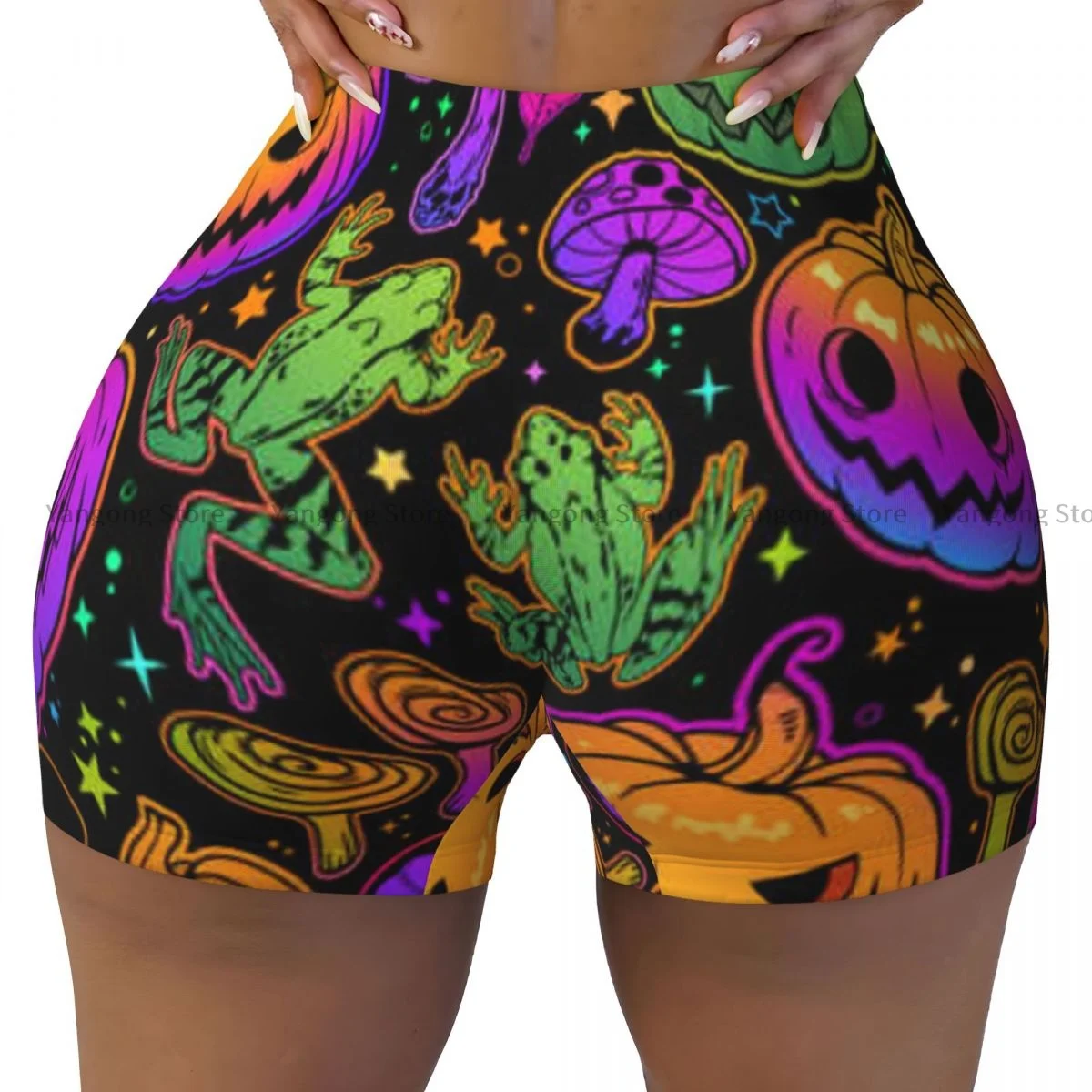 Yoga Shorts Pumpkins Mushrooms And Frogs Women Biker Tight Elastic Workout Sports Leggings Sportswear