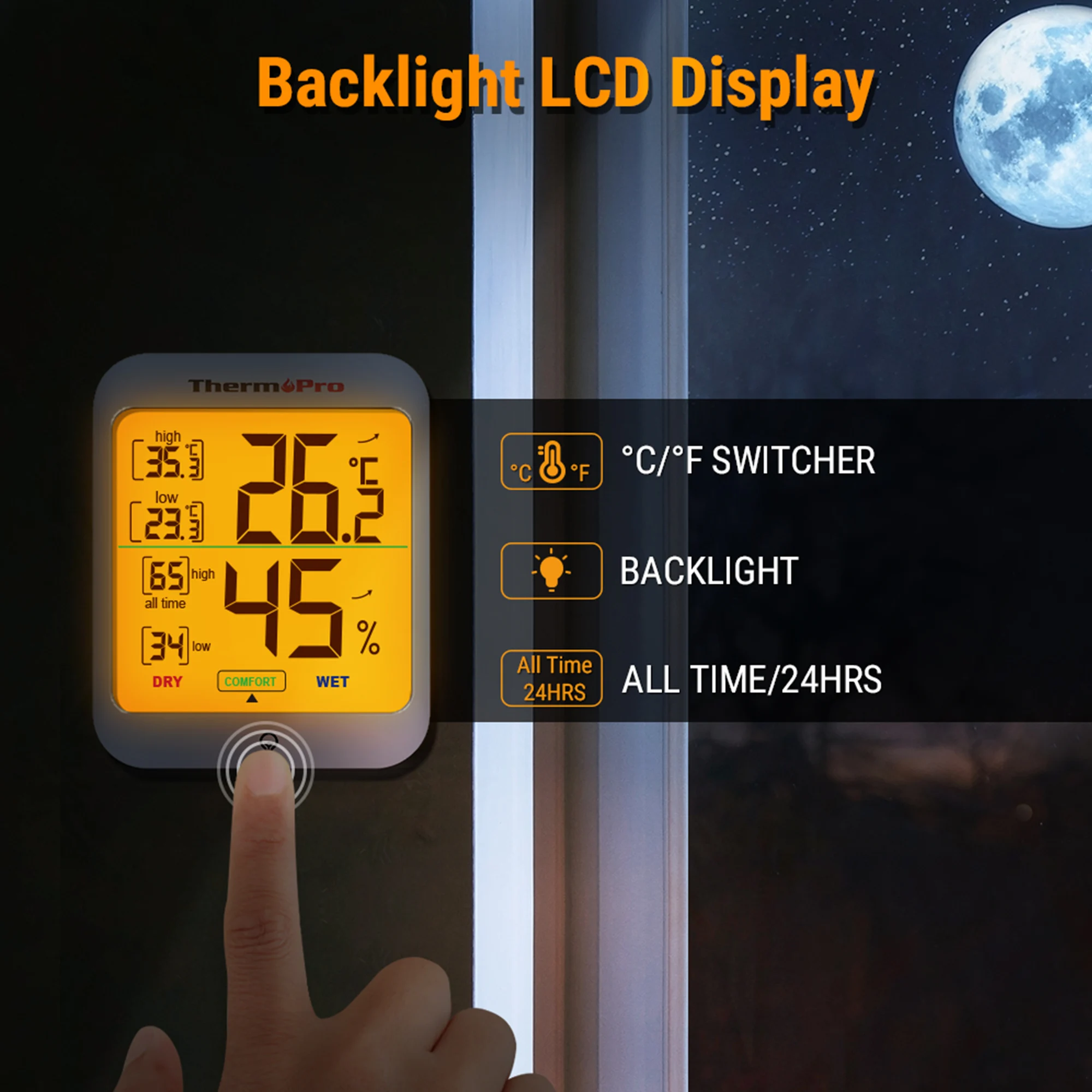 ThermoPro-termómetro Digital TP53 para interiores, higrómetro, Sensor de temperatura y humedad, retroiluminación, estación meteorológica para el hogar