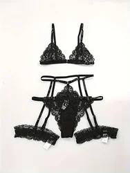 Hot Floral Lace Lingerie Set, Scallop Trim Plunge Bra & Garter Belt & Cut Out Panties, Women's Sexy Lingerie & Underwear