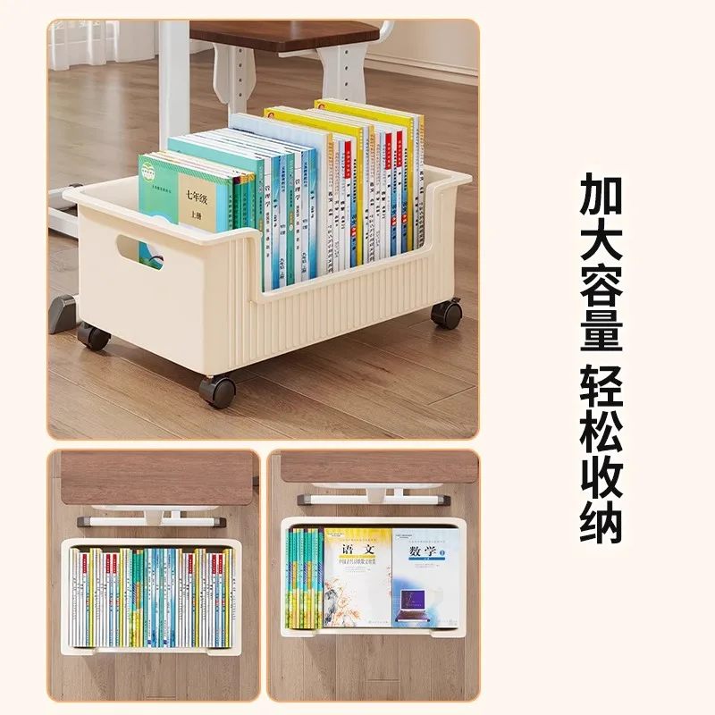 360° Rotation Mobile Bookshelf Office Desktop Pulley Trolley Student Backpack & Book Storage Rack under Desk Organizer