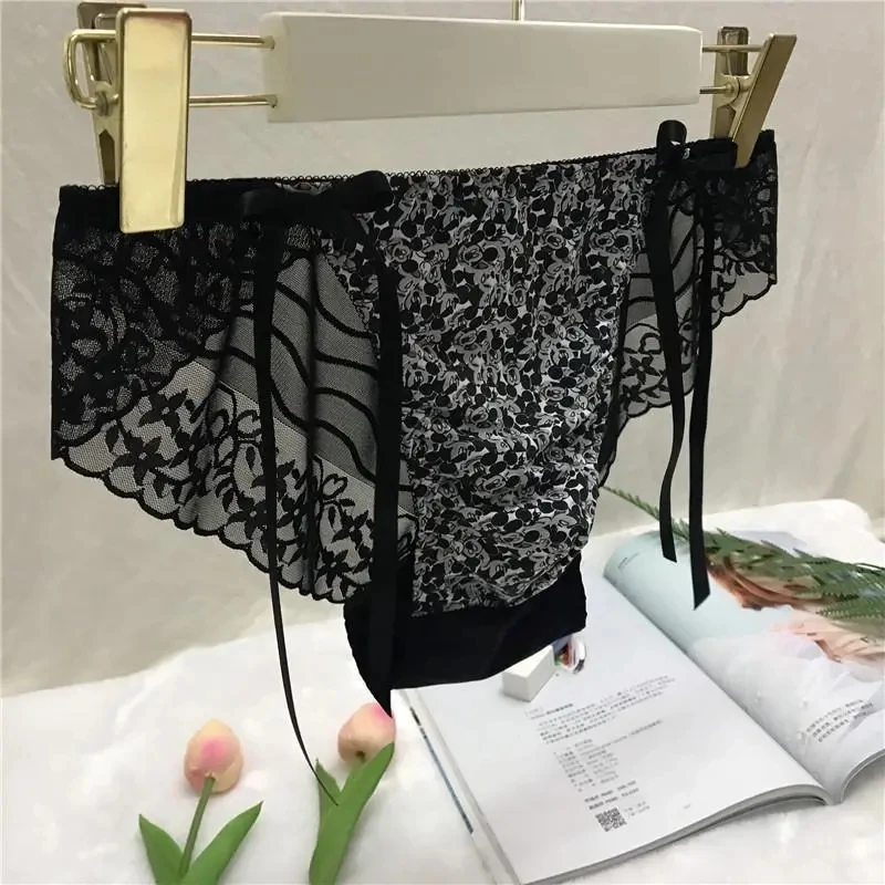 Man's Lace Bondage Design Cute BF Brief Panty Harajuku Half Sheer Hip