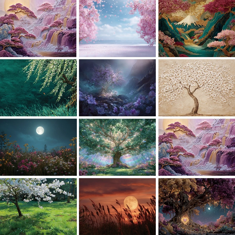 

MOON.QG Mystical Tree Blossom Branch Moonlit Floral Field Enchanted Golden Forest Background Backdrop Children Wallpaper Booth