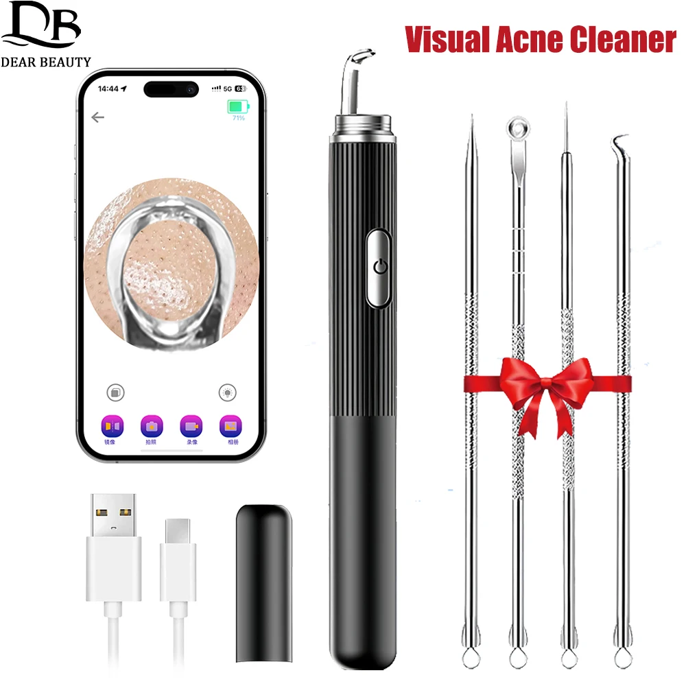 Wizualne narzędzia do usuwania zaskórników z kamerą do czyszczenia porów, wyciskania pryszczy, białych zaskórników, komedonów i trądziku, głębokie narzędzie do oczyszczania twarzy.