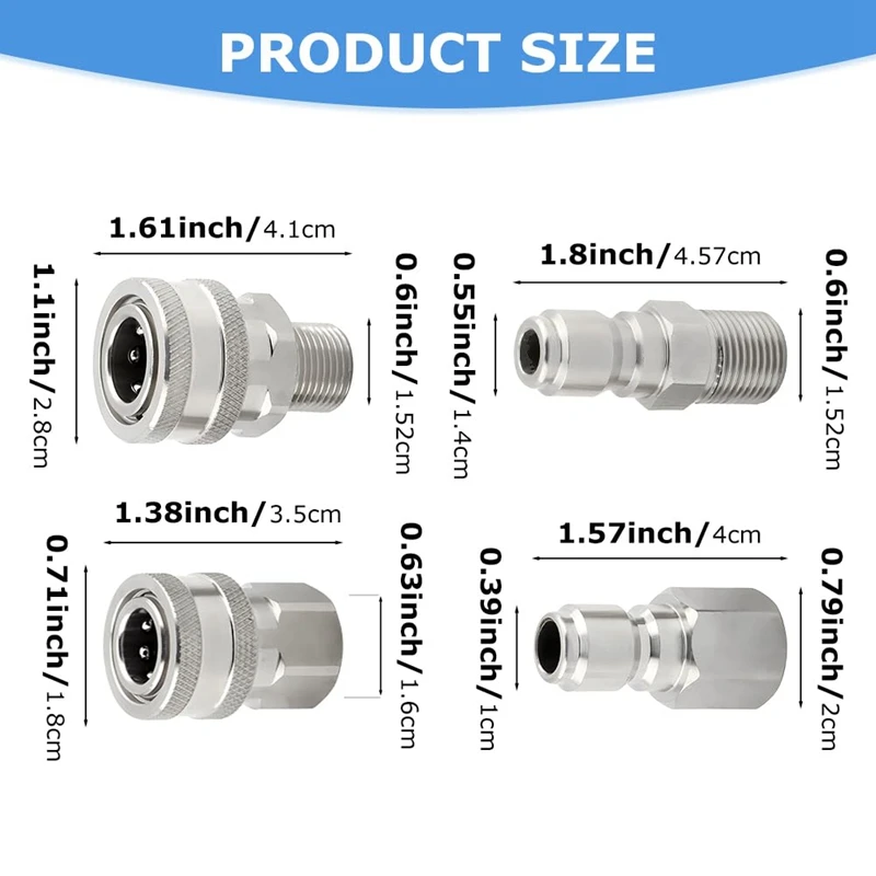 Pressure Washer Quick Connect Kit 3/8 Inch Female and Male Thread Pressure Washer Adapter Hose Fittings Stainless Steel