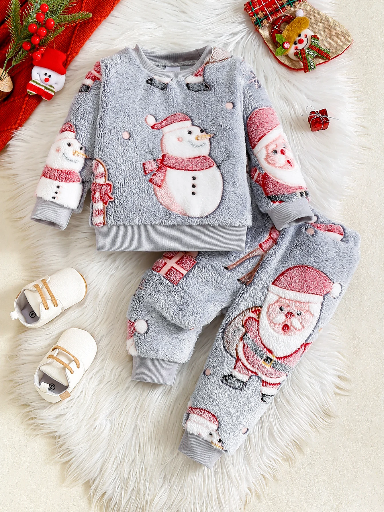 2025 Autumn Winter Baby Toddler Christmas Two Piece Outfit Set 1-3 Years Warm Fleece Santa Snowman Print Long Sleeve Top Pants T