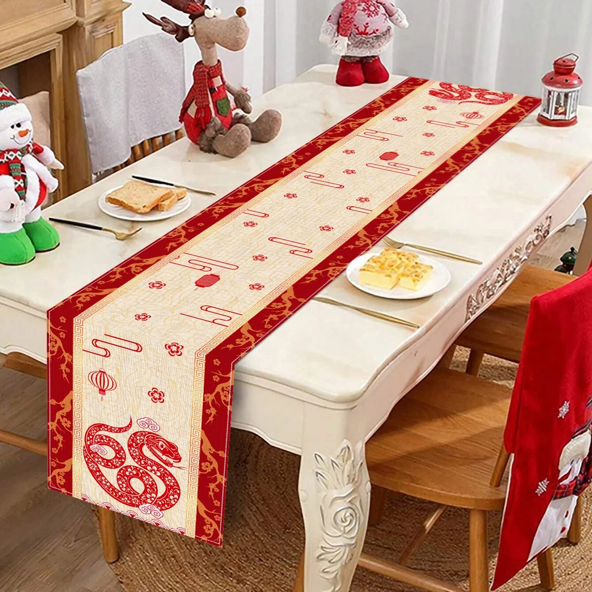 Double Snake Chinese New Year Linen Table Runner Happy New Year's Day Decorations For Home Spring Festival Supplies Table Flag