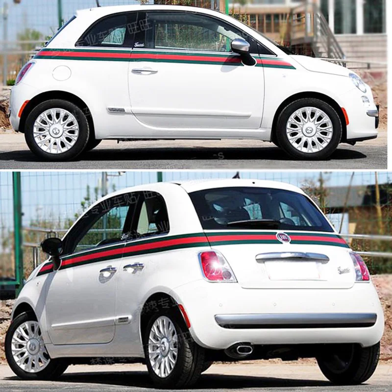 Classic Green and Red Colored Long Surround Line Stripe Vinyl Graphics Decal Sticker Wrap Kit Accessories for Fiat 500