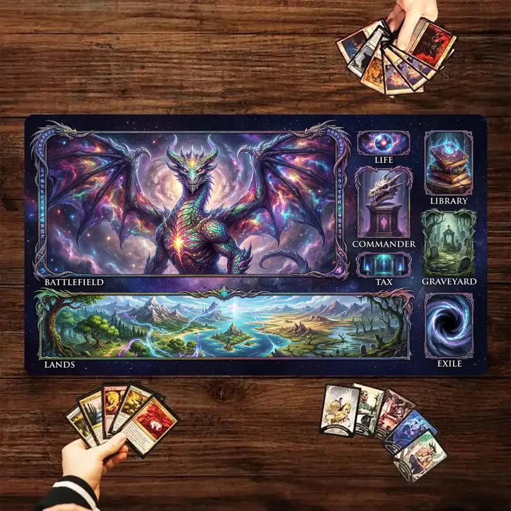 Fantasy Natural Elements and Dragon Magic Card Battle Mat TCG Playmat Anti-Slip Base Gathering Gaming Mat Board Game Mat for TCG