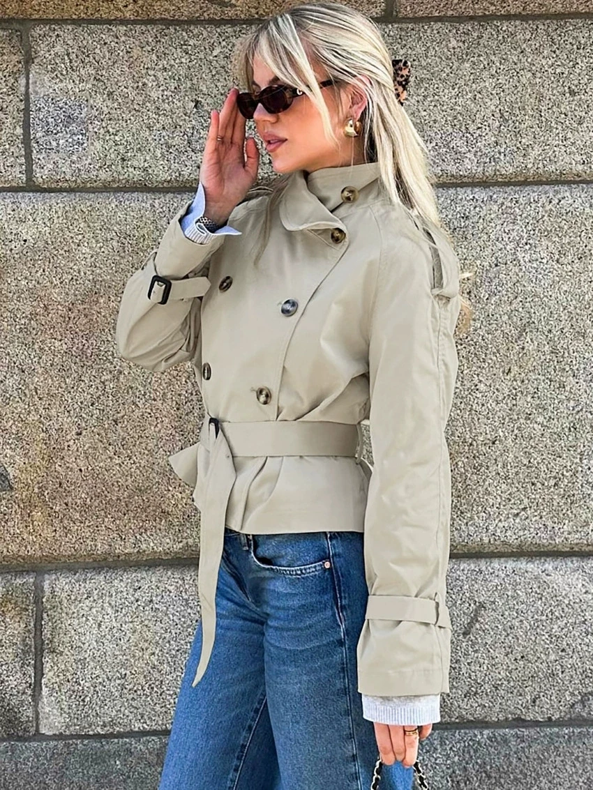 Spring Autumn With Belt Trench Coat Women Stand Collar Double Breasted Jacket Coat 2025 New Long Sleeve Street Windbreaker Coat