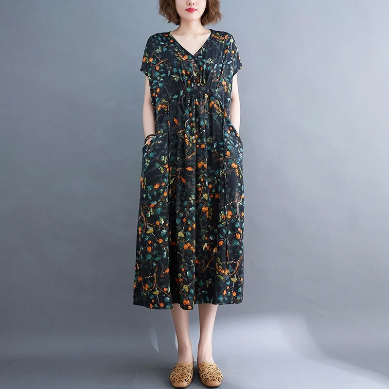 Fashion Plus Size Acetic Acid Satin Age Reducing Lace Up Floral Dress for Women Persimmon and Sweet Simple and Comfortable