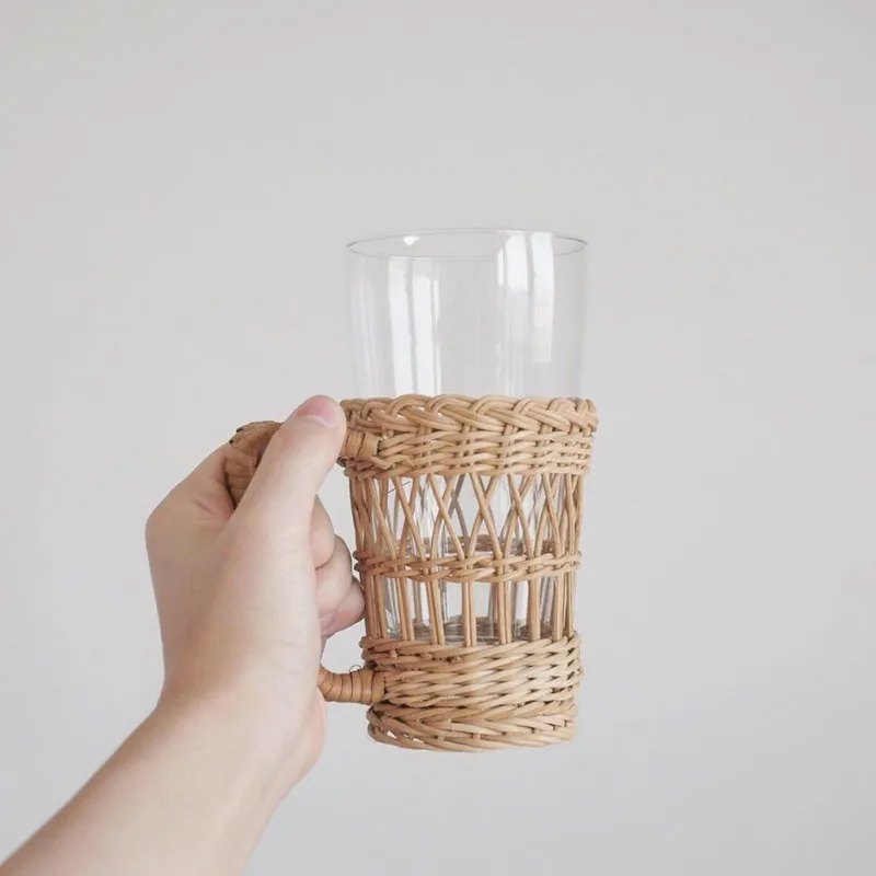 Rattan Woven Water Cup Cover, Anti-scald Cups Holder with Handle, 1Pc Set