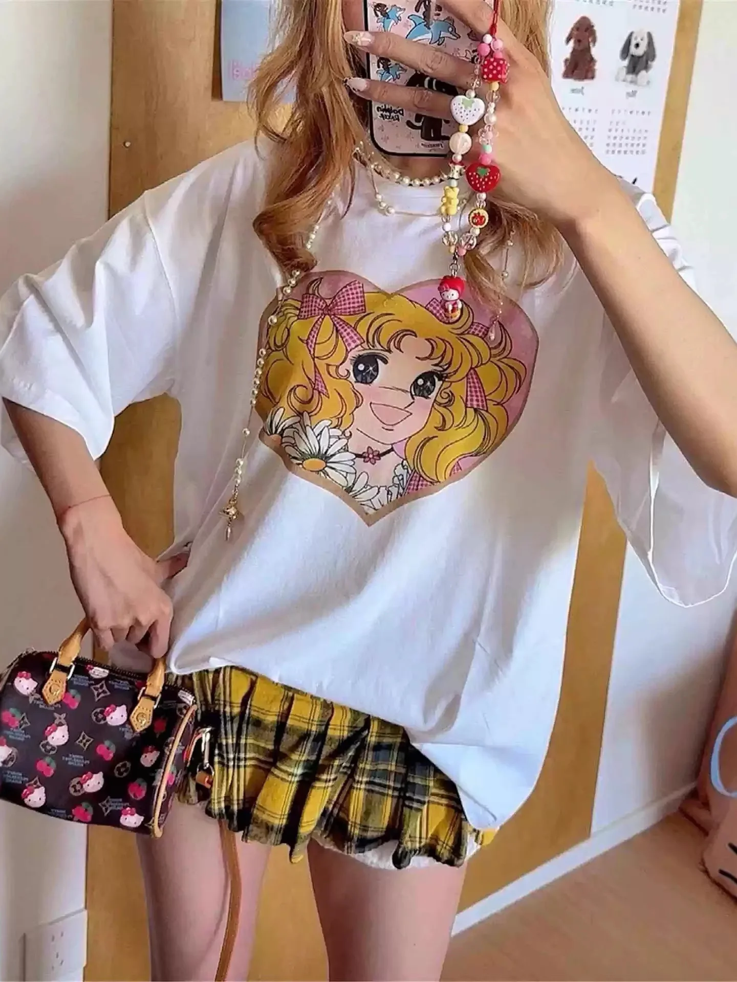 Sweet Cool Cartoon Manga Girl Print Loose Short Sleeve T-Shirt Korean Style round Neck Plastic Fabric Women's Fashion Top