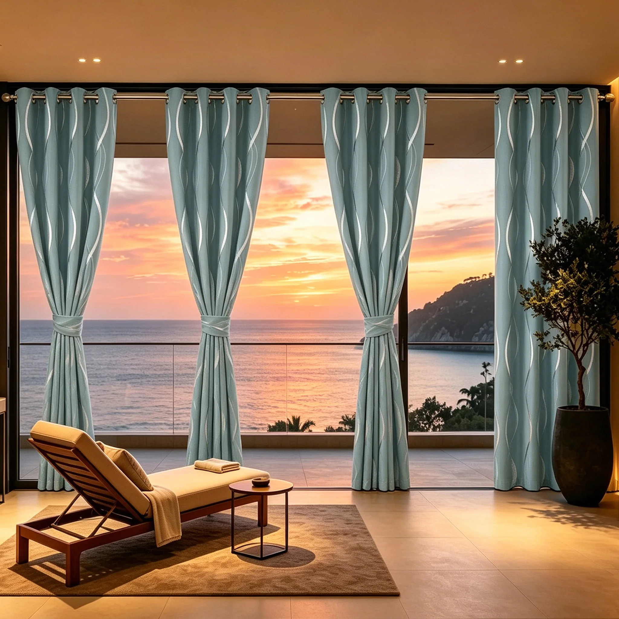Luxury 100% Blackout Curtains Solid Color Wave Design Window Drapes, Thermal Insulating Room Darkening Curtains with Eyelet Rings, Modern Elegant Curtains for Bedroom Living Room Home Decoration
